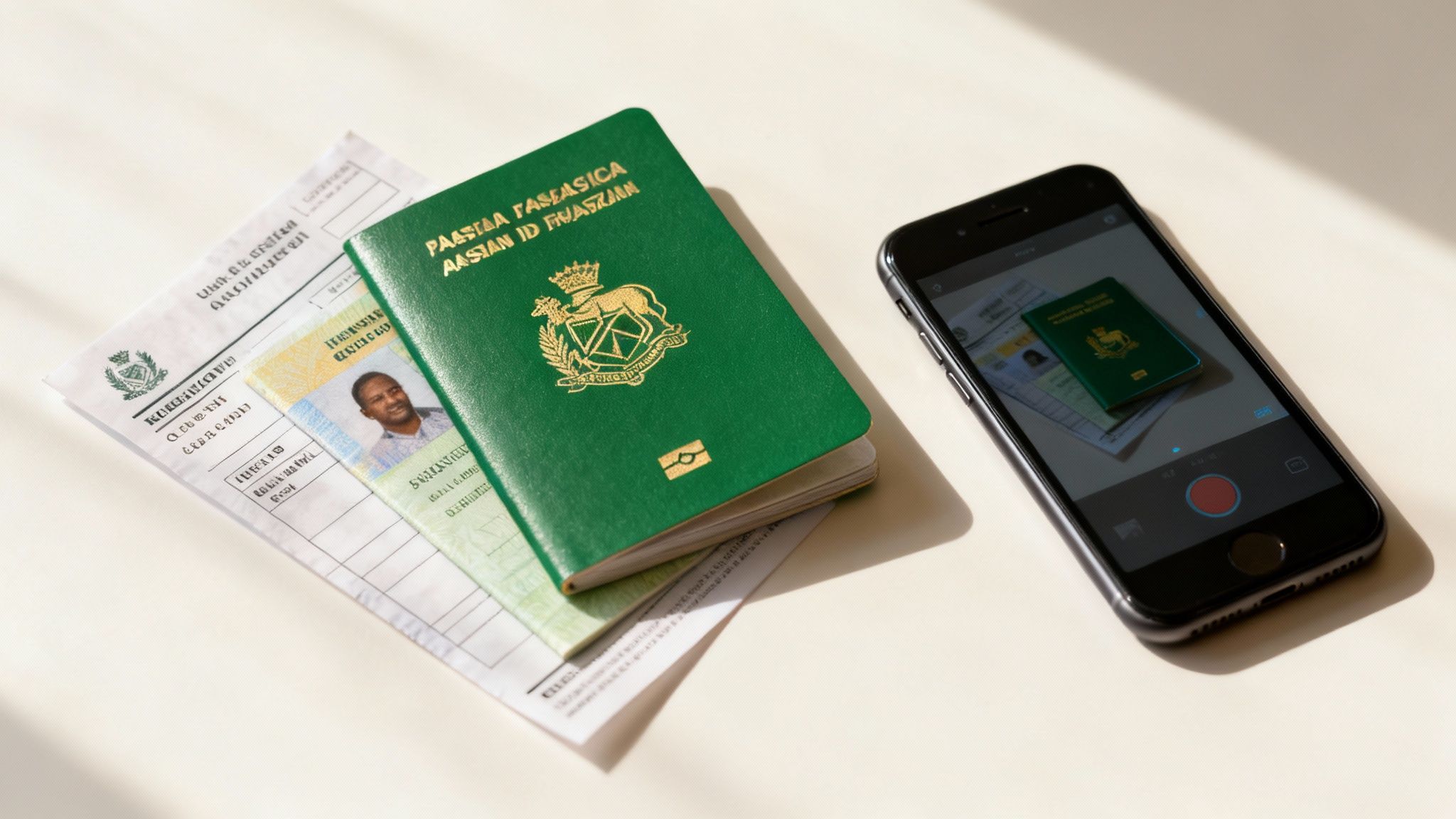 A collection of organized documents, including a passport and utility bills, ready for verification