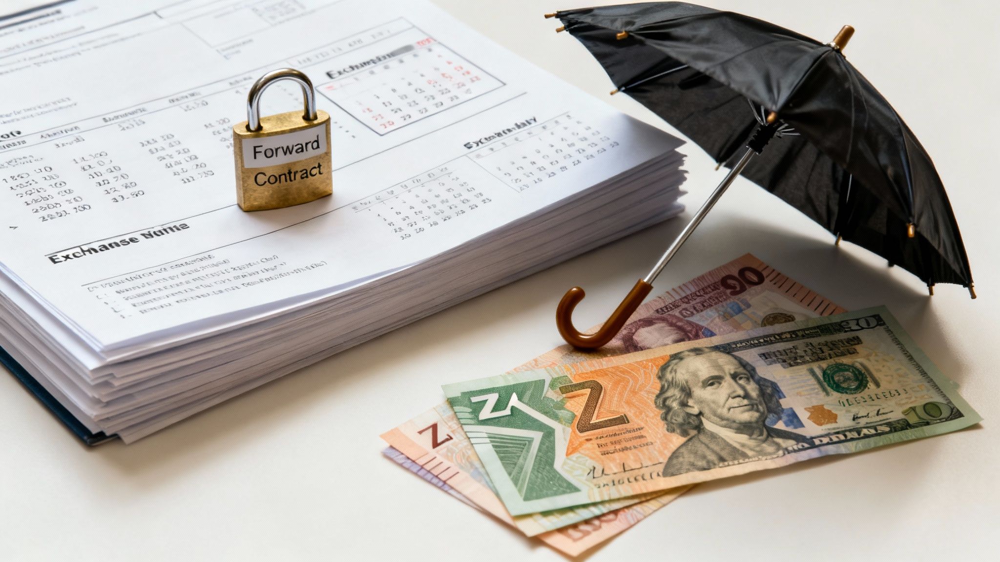A business owner looking at financial charts on a tablet, with a shield icon overlaid, symbolizing protection from market volatility.