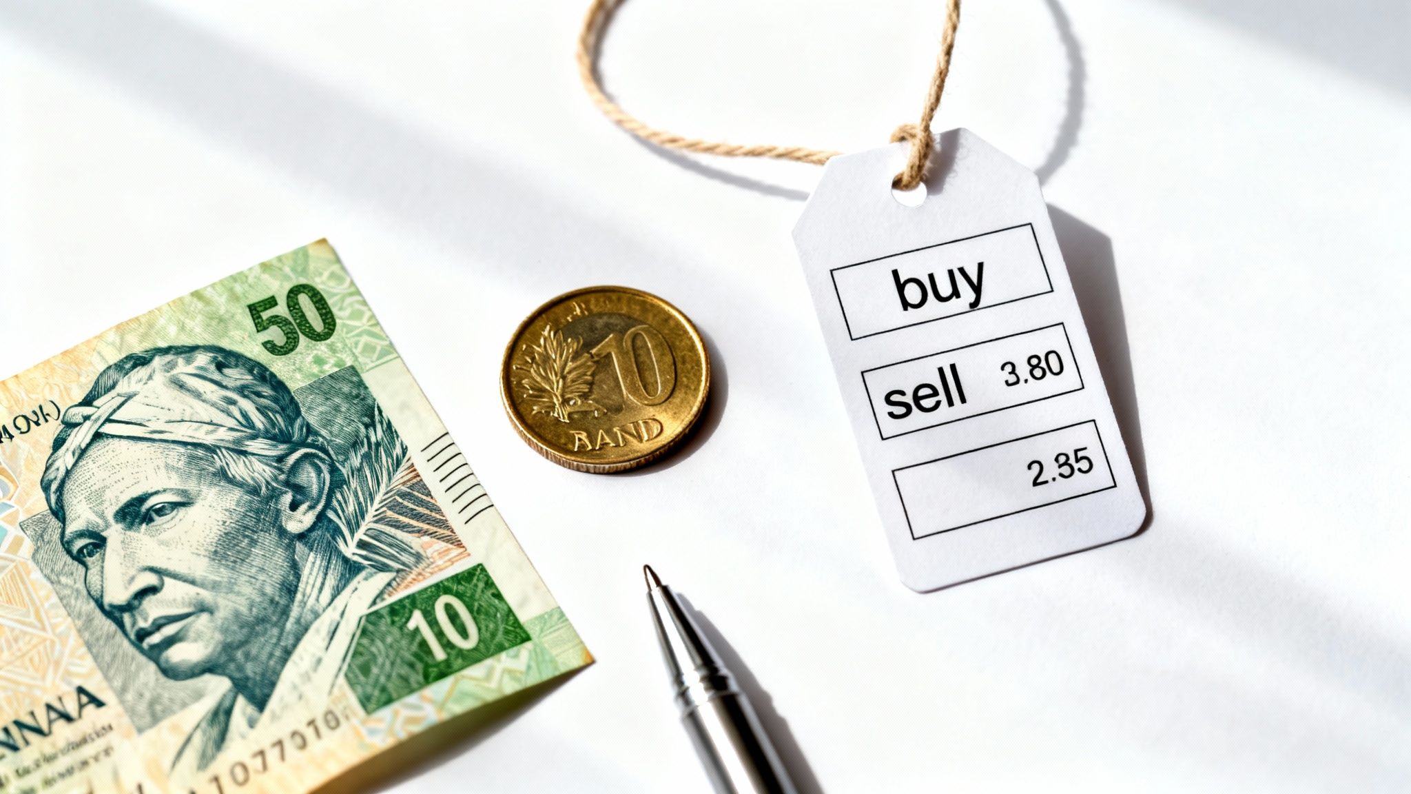 A close-up shot of various South African Rand banknotes and coins arranged neatly.
