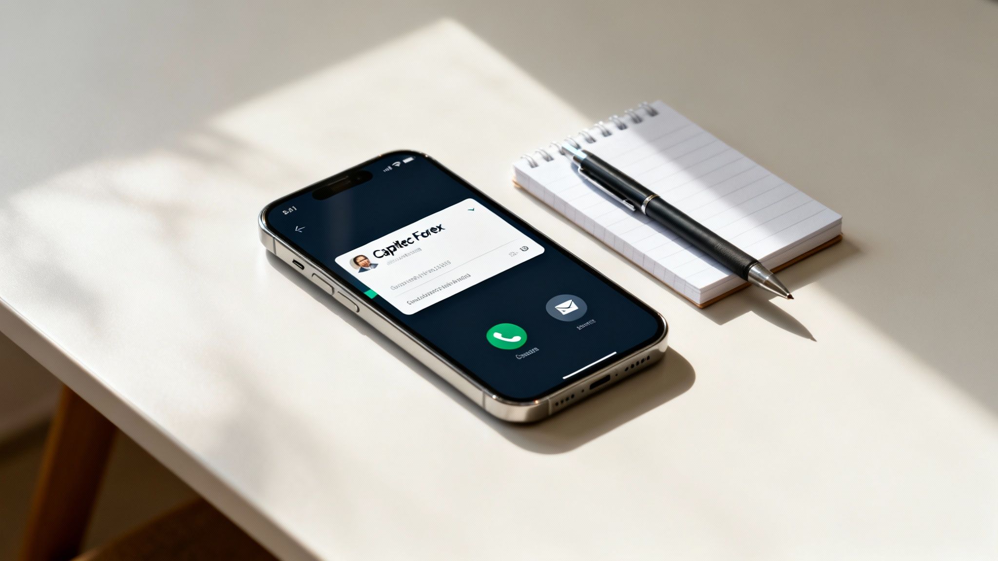 A smartphone displaying a Capitec Forex incoming call screen, placed on a desk with a notepad and pen.