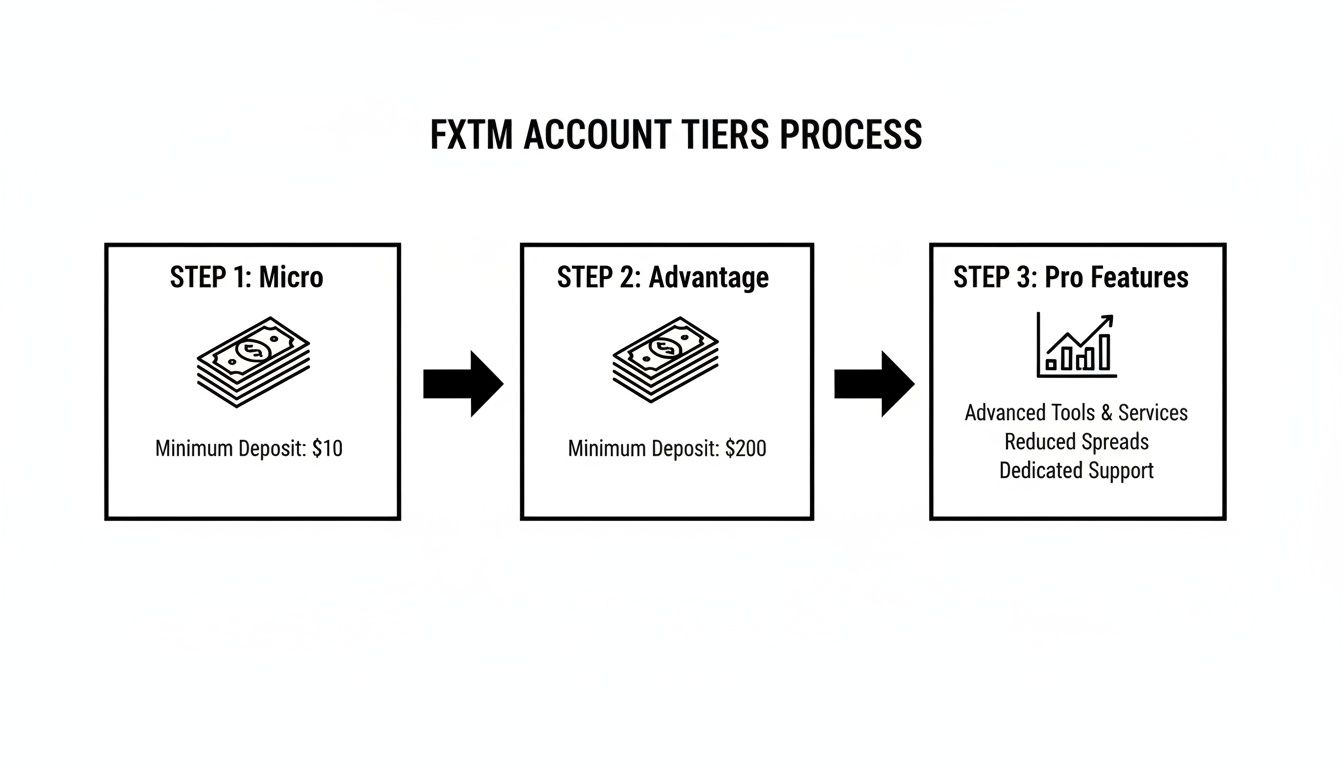 FXTM account tiers process with Micro, Advantage, and Pro features and their minimum deposits.