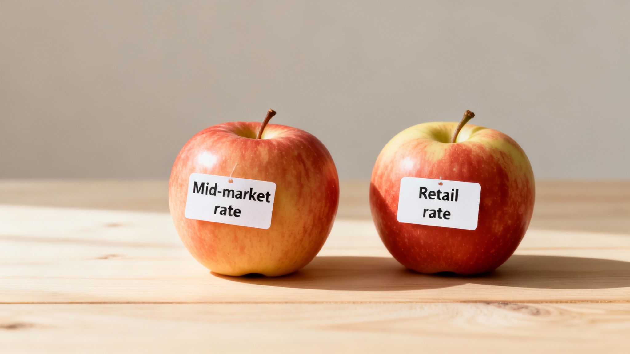Two apples, one labeled 'Mid-market rate' and the other 'Retail rate', on a wooden table.