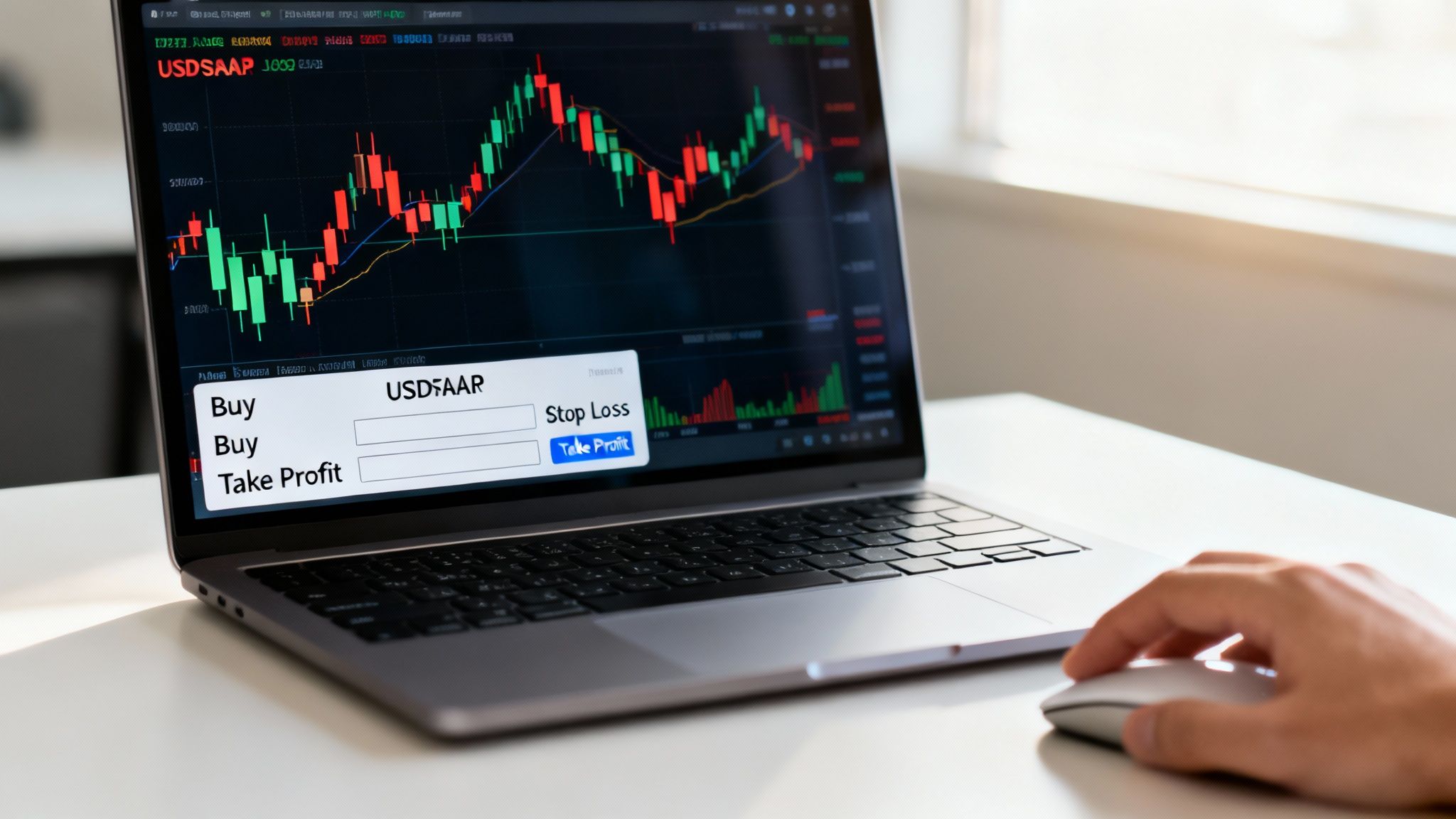 A person's hand operates a mouse next to a laptop displaying financial trading charts and a buy/sell interface.