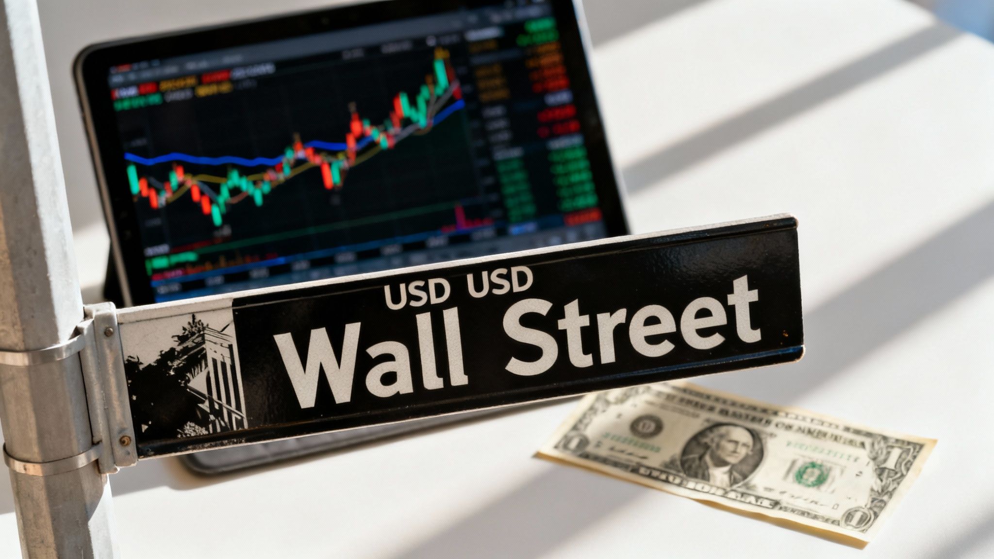 Financial charts on a tablet, a Wall Street sign, and a dollar bill symbolizing forex trading.