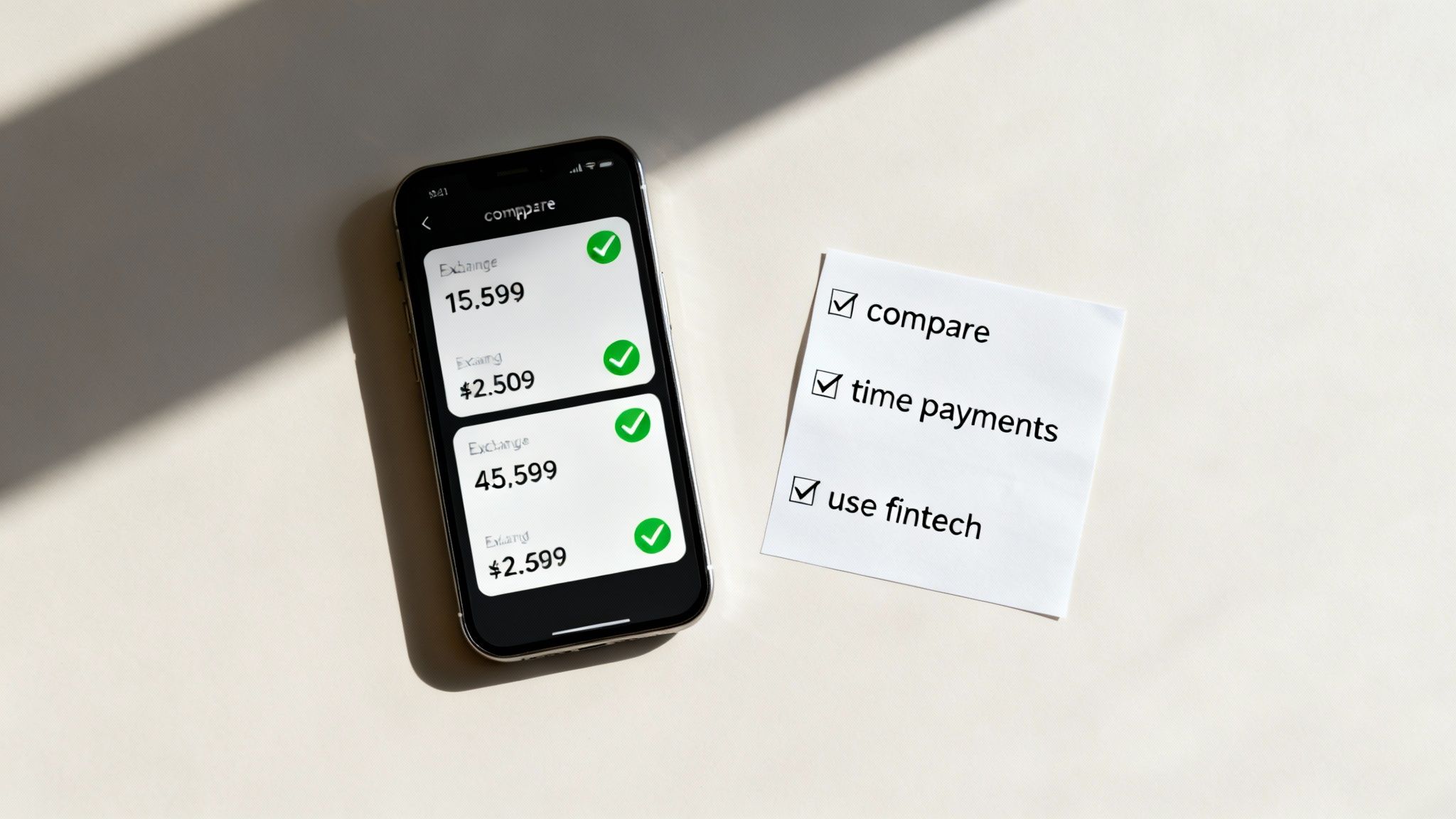 A phone displaying foreign exchange rates next to a checklist for financial comparisons and fintech use.
