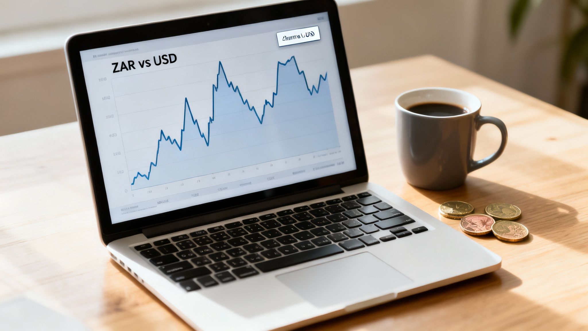 Laptop displaying ZAR vs USD exchange rate graph, with a cup of coffee and coins on a desk.