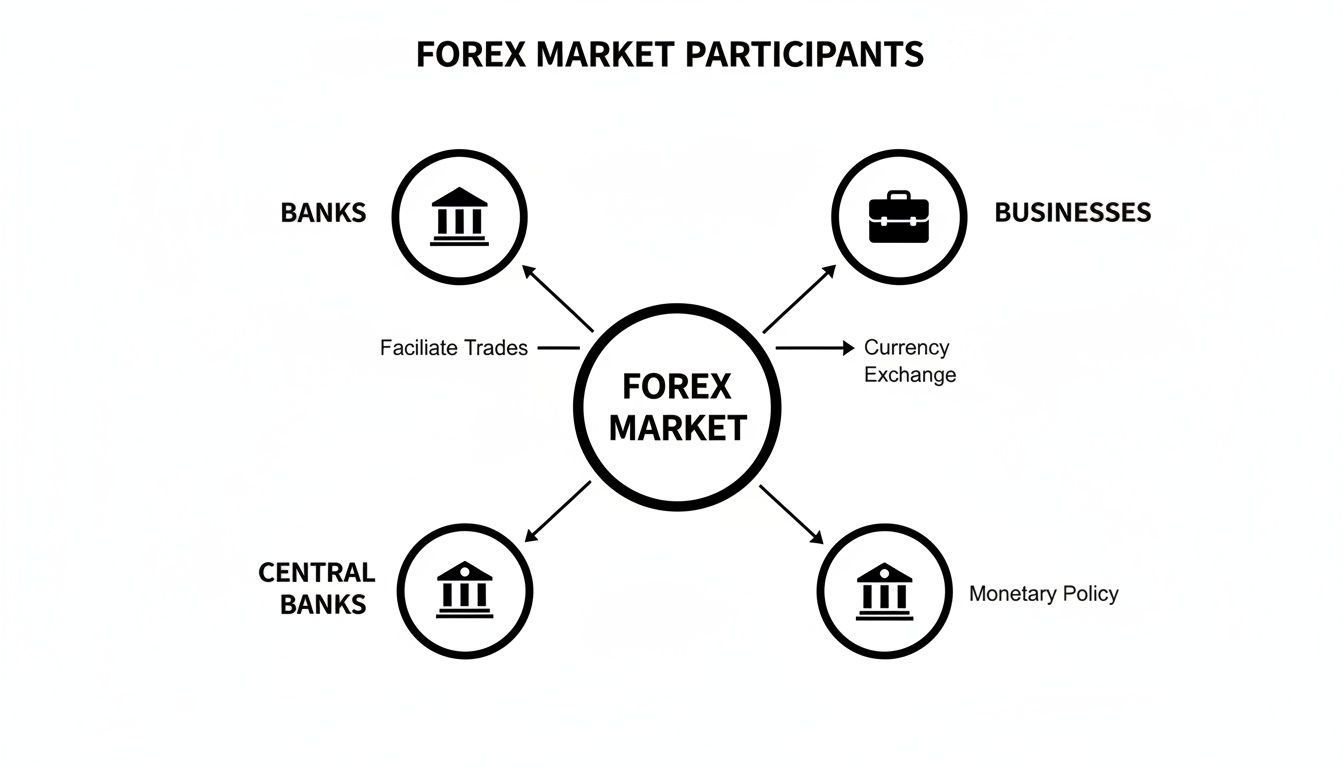 Diagram showing Forex market participants including Banks, Businesses, and Central Banks with their roles.