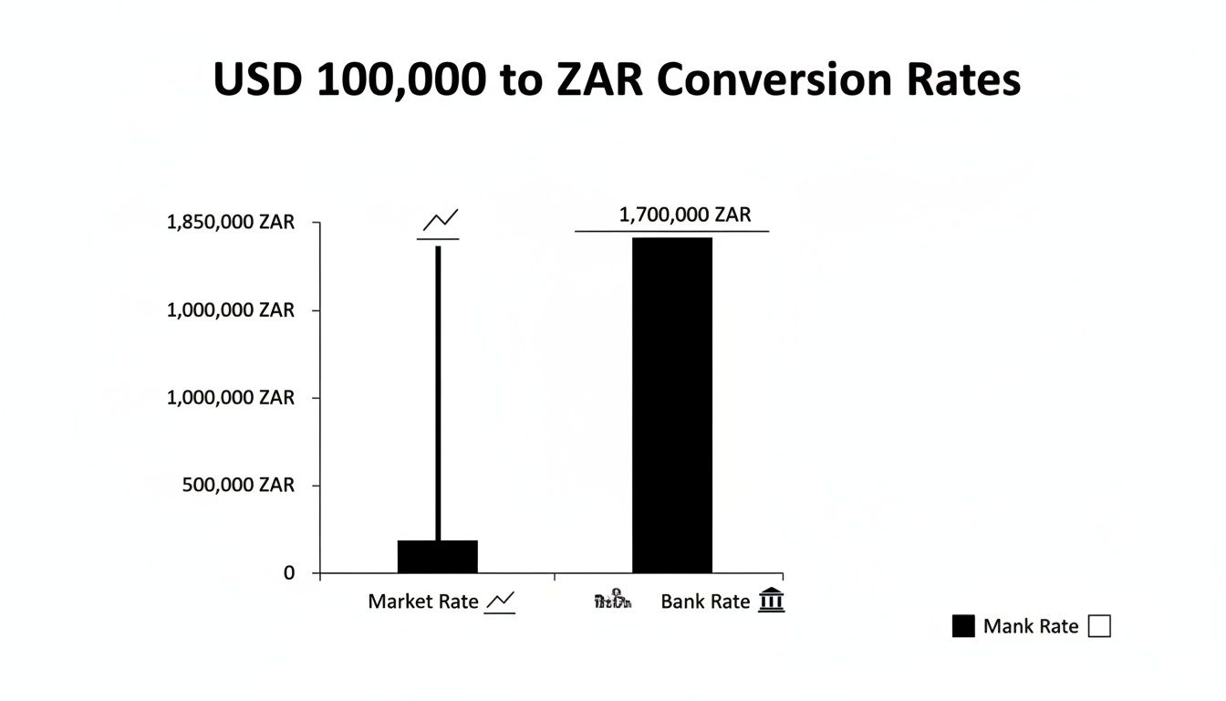 Bar chart comparing USD 100,000 conversion to ZAR, showing market and bank rates.