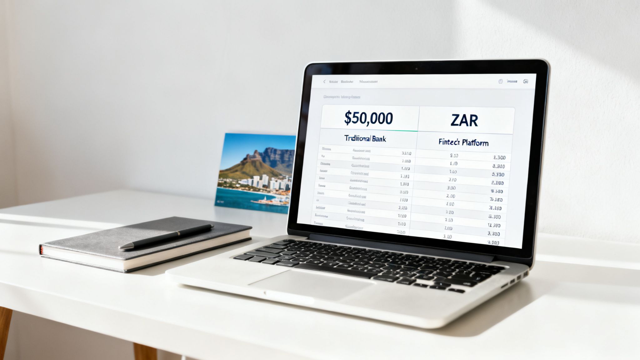 A laptop on a white desk shows a financial app comparing $50,000 to ZAR for bank and fintech options.