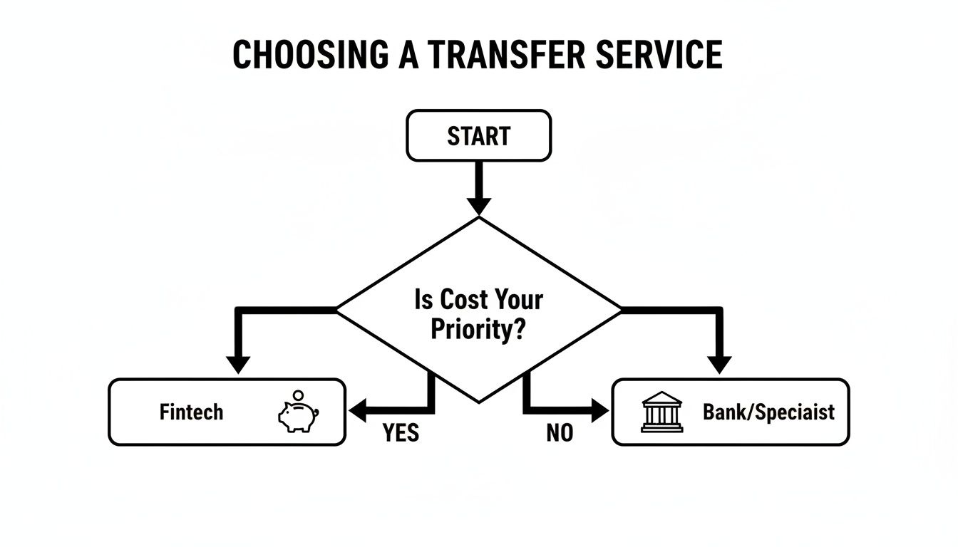 Flowchart illustrating the decision process for choosing a money transfer service based on cost priority.
