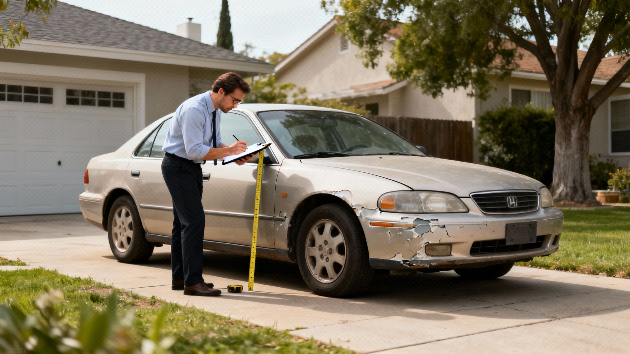 An insurance adjuster measures damage on a gold car parked in a driveway.