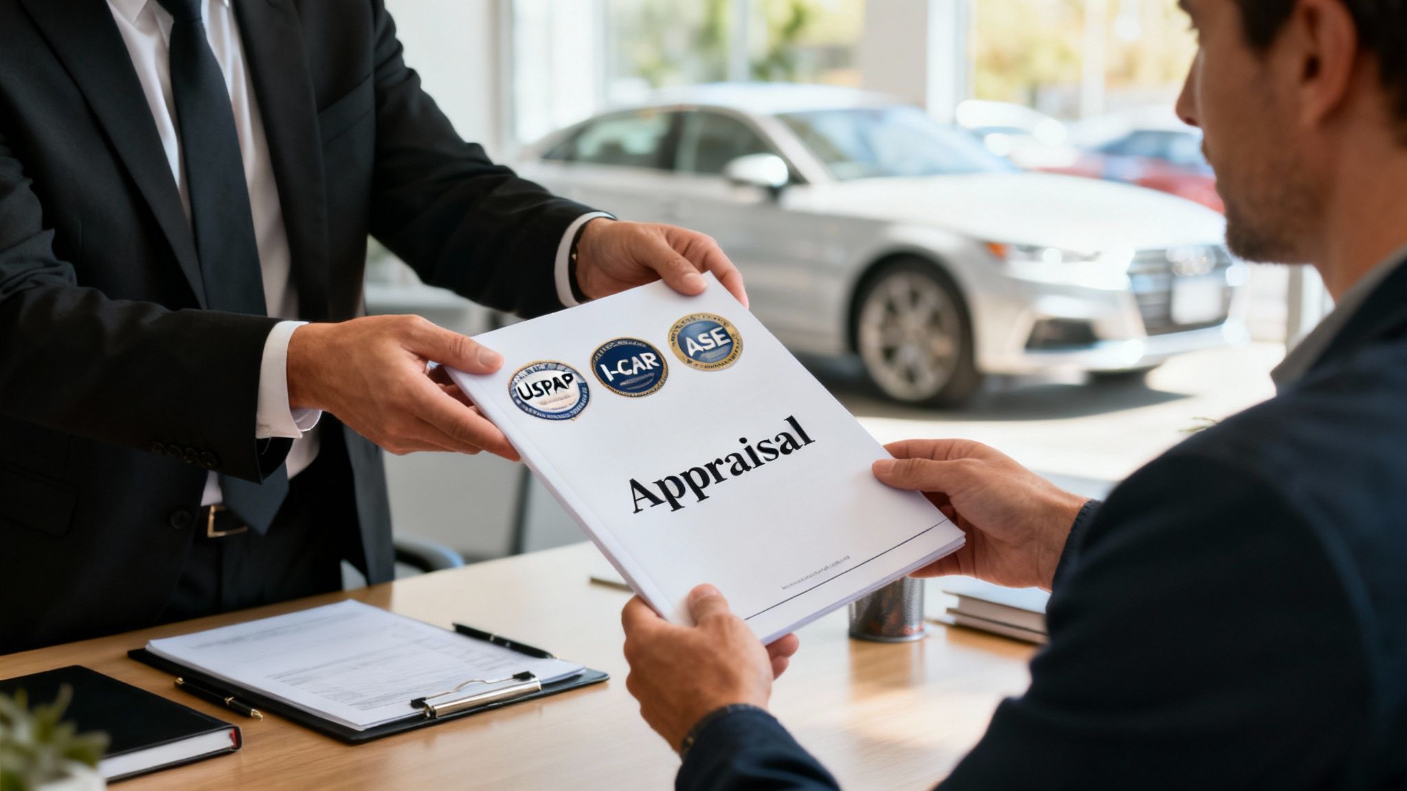 Two men exchange a car appraisal document with USPAP, I-CAR, ASE logos in an auto dealership.