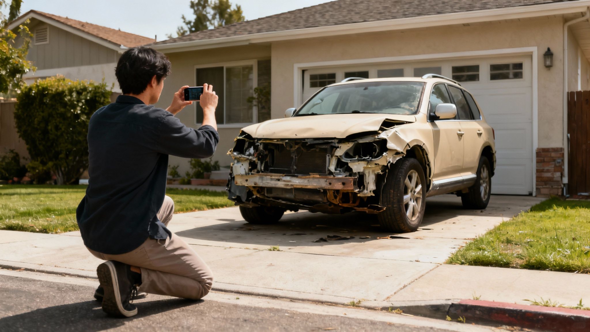 A man kneels to photograph a severely damaged beige SUV parked on a residential driveway.
