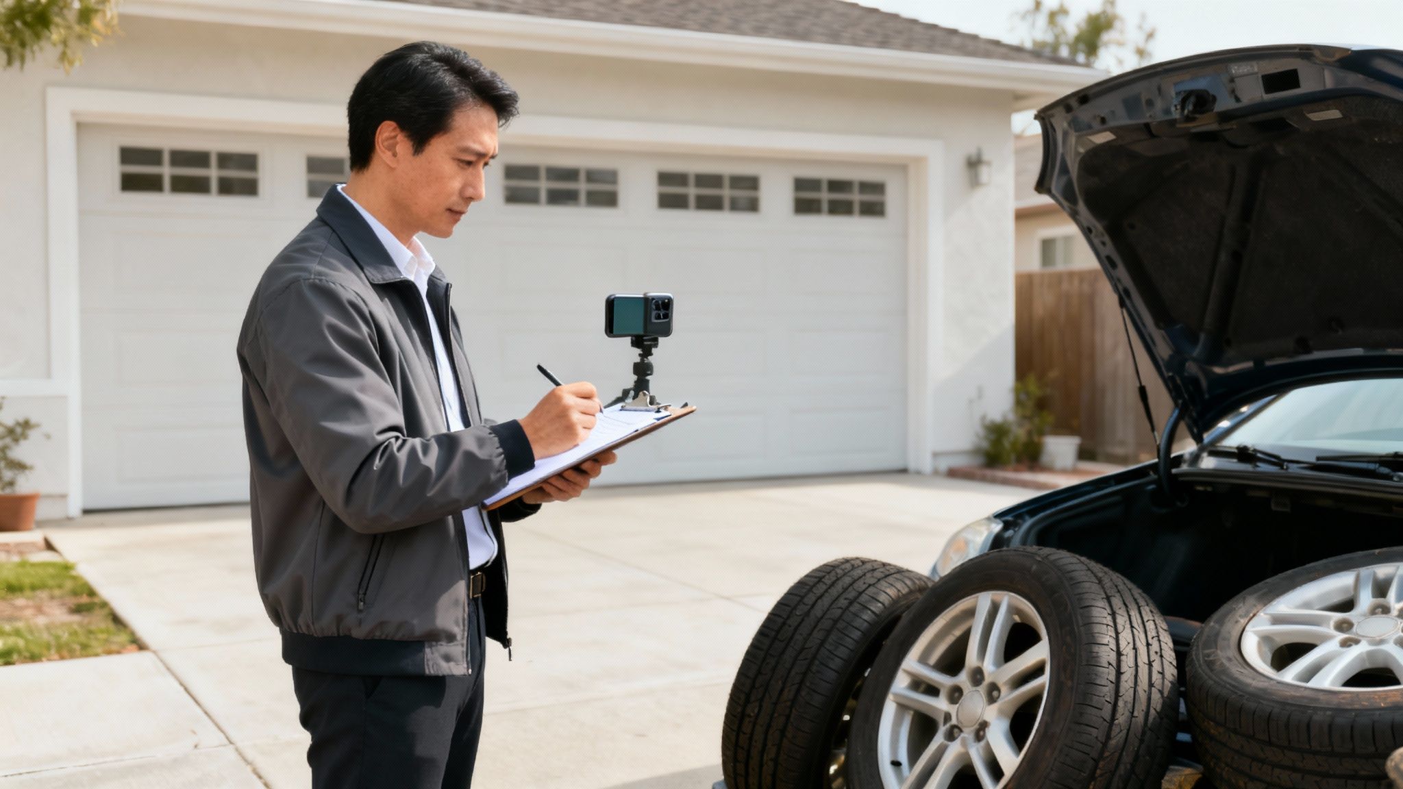 An insurance appraiser inspects a car and tires, writing notes while a smartphone records the process.