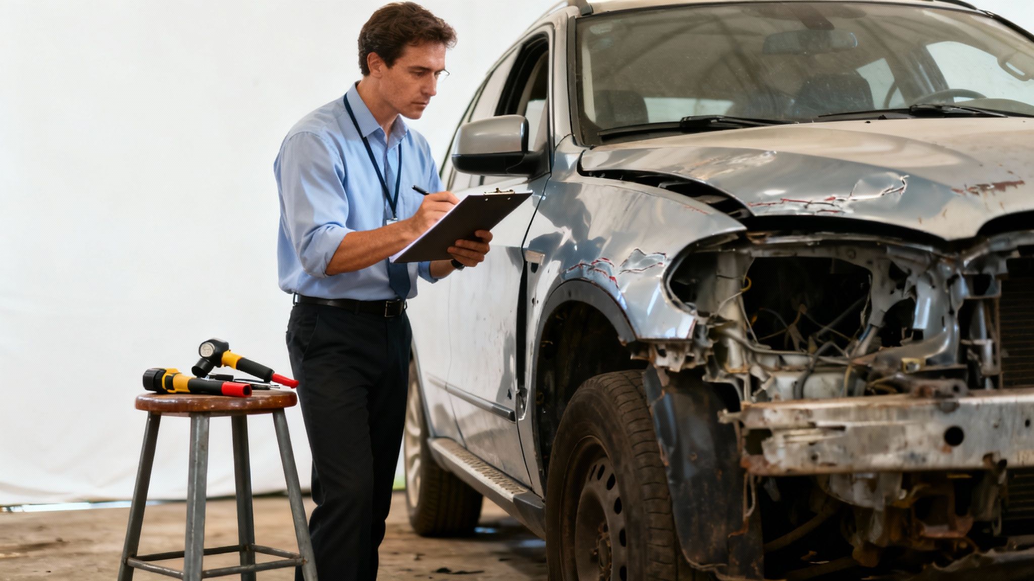 An independent car appraiser carefully reviewing damage to a totaled vehicle's engine.