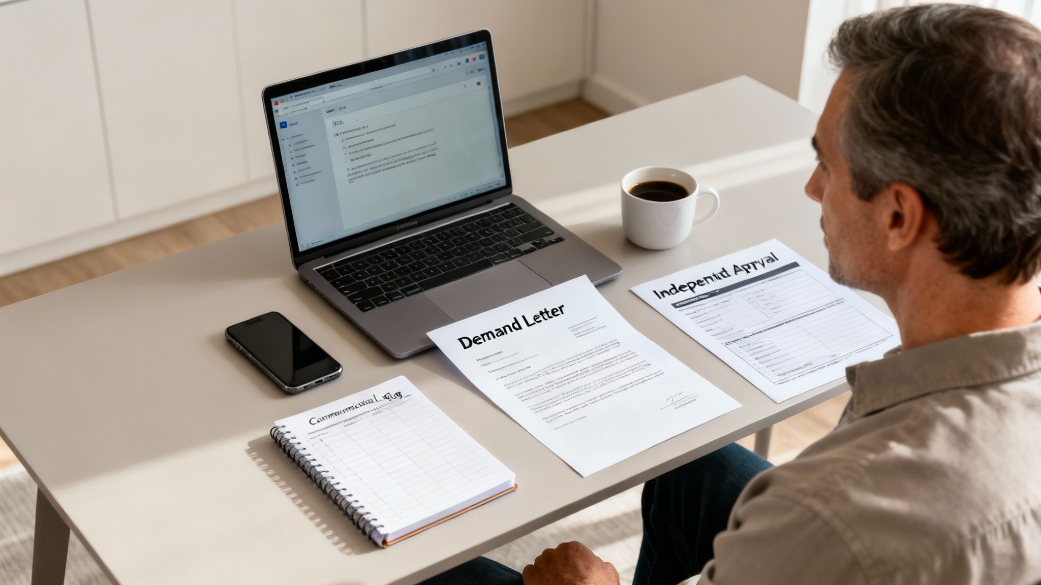 A man at a desk reviews a laptop, demand letter, and independent appraisal with coffee.