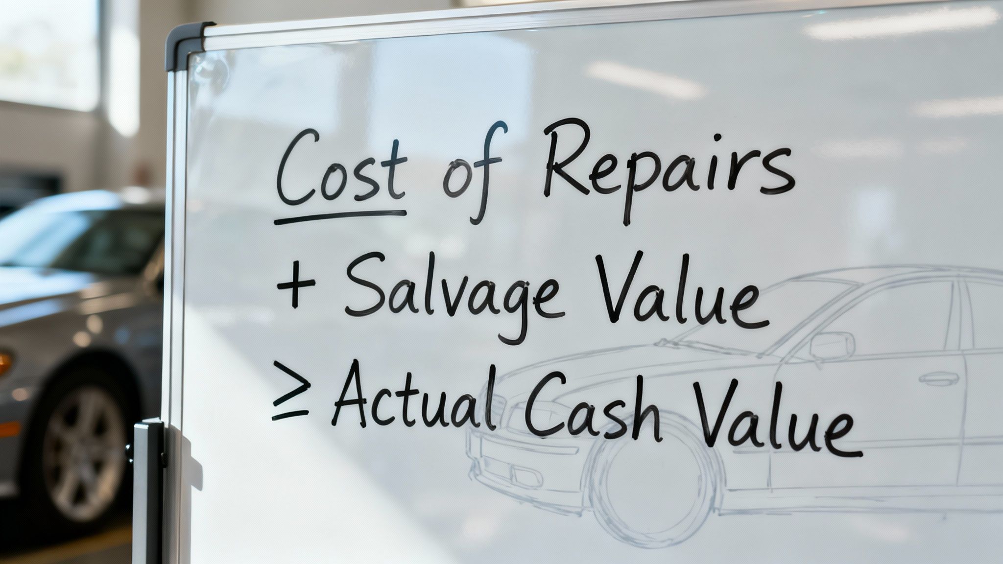 An insurance adjuster examining a damaged car with a clipboard and calculator, illustrating the total loss formula.