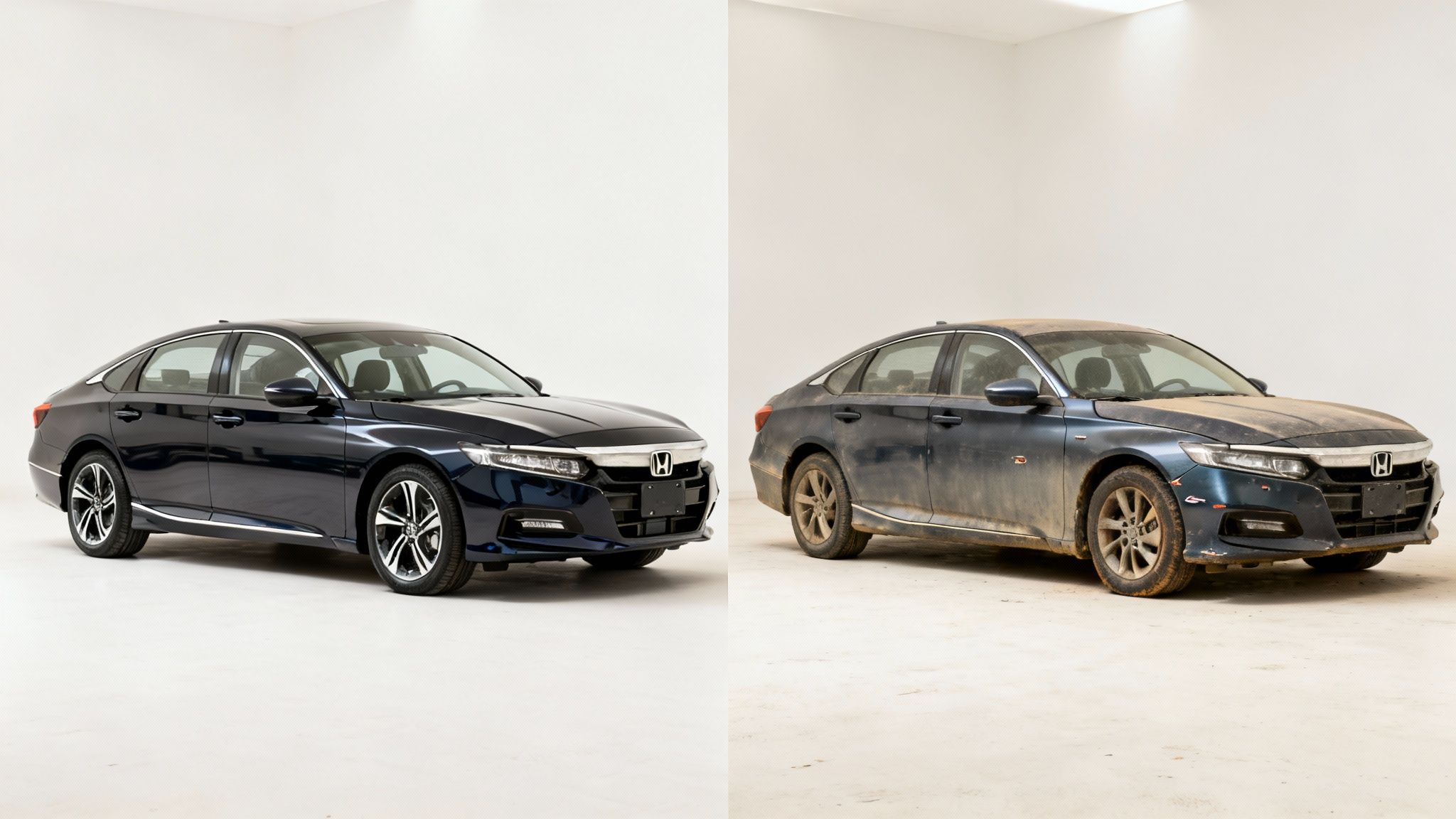 A split image showing a clean, new Honda Accord next to an identical, mud-covered car.