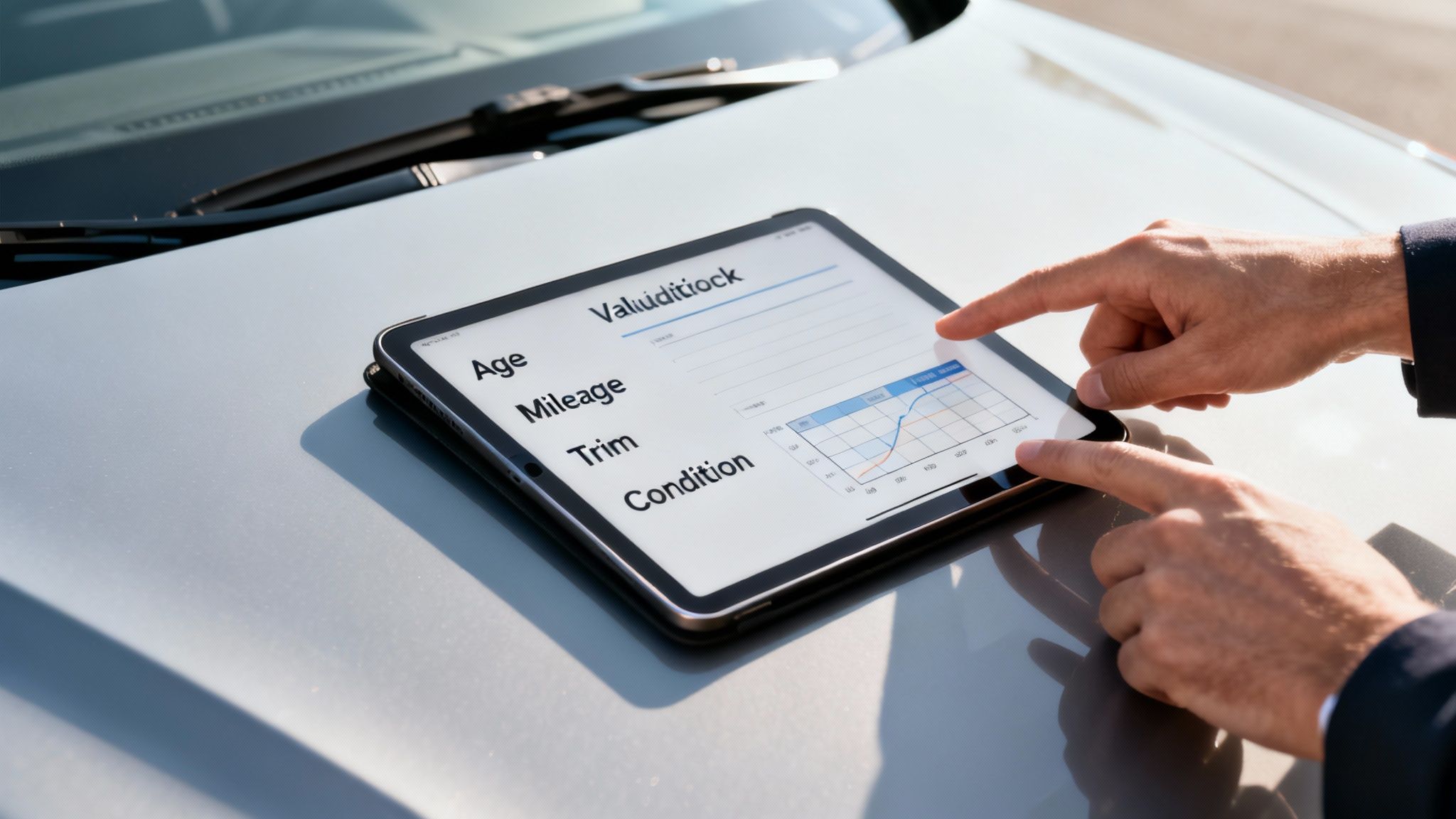 Hands touching a tablet displaying car valuation data with graphs on a car hood.