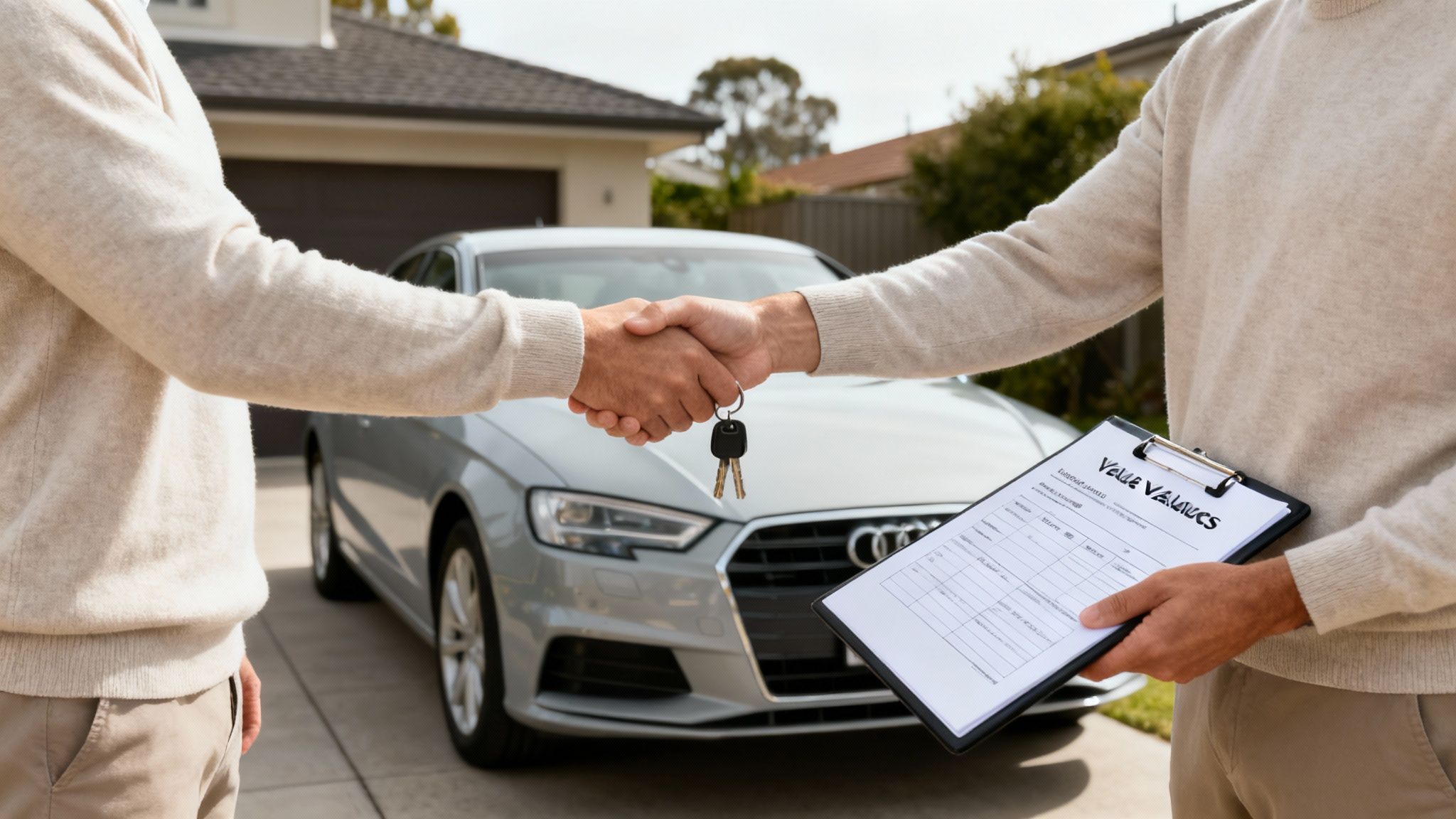 Two men shake hands, one holding car keys, the other a document, with a car in the background.