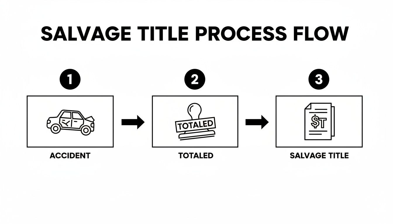 A three-step flow chart showing the salvage title process: accident, car totaled, then salvage title.