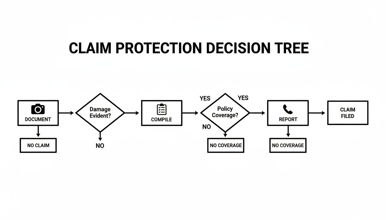 Flowchart showing claim protection decision tree process from documenting to claim filed or no claim/coverage.
