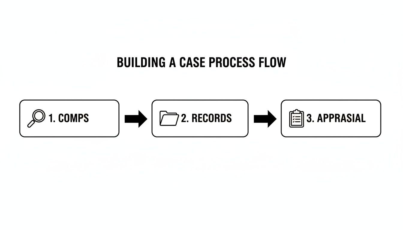 A process flow diagram illustrating the steps for building a case: Comps, Records, and Appraisal.