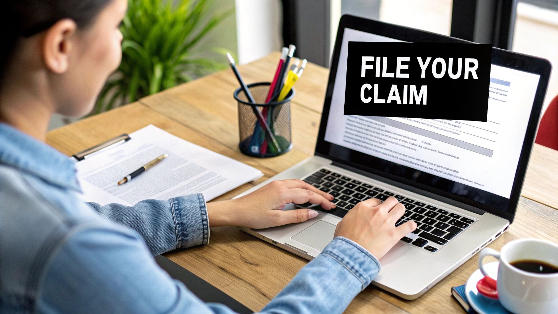 A person organizing paperwork and photos into a file for a property damage claim.
