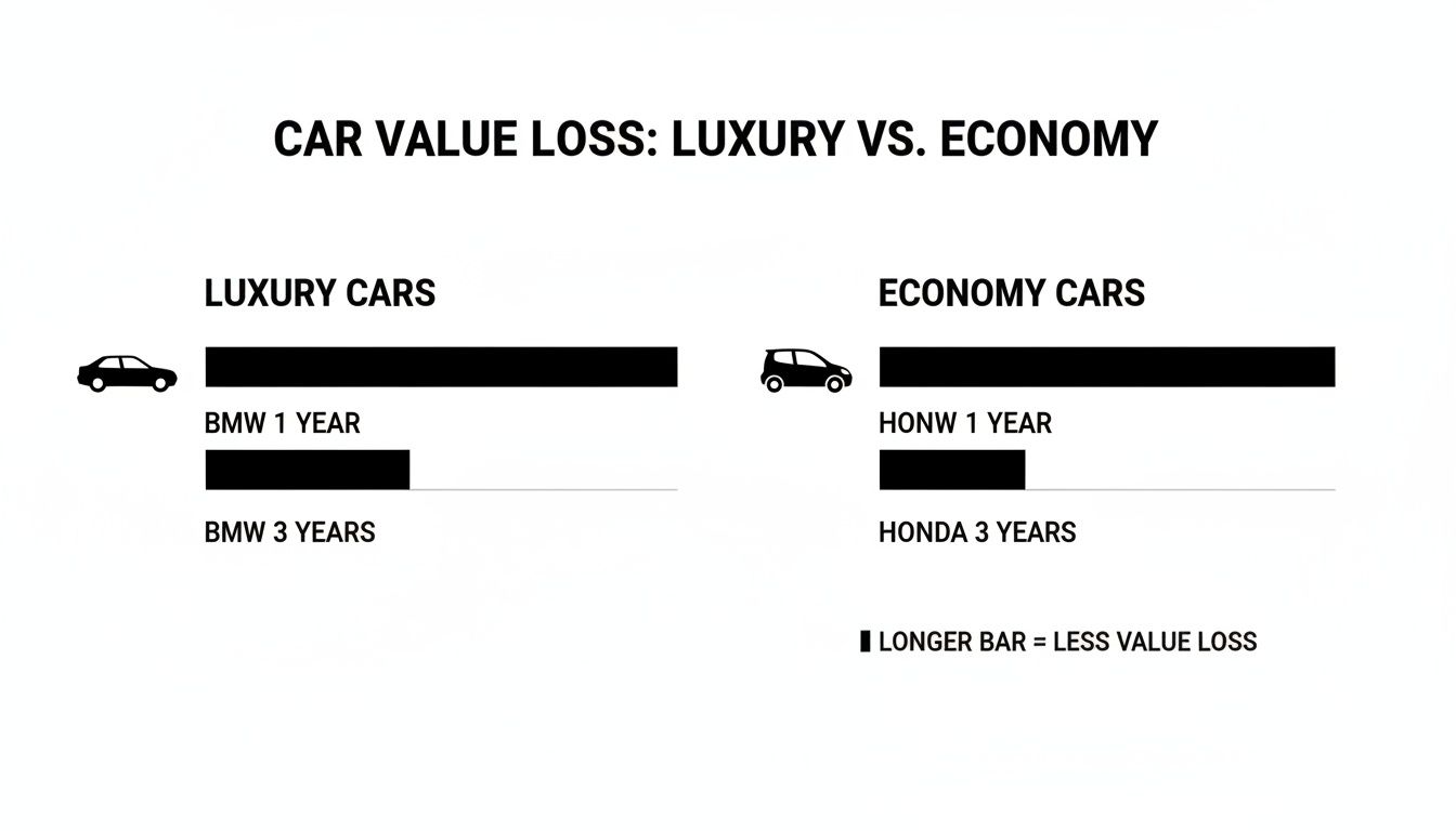 Bar chart comparing value loss of luxury (BMW) and economy (Honda) cars over 1 and 3 years.