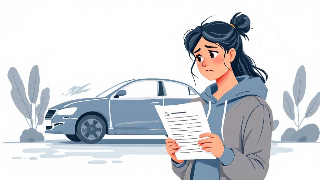 A professional auto appraiser carefully examining a vehicle's bodywork with a clipboard