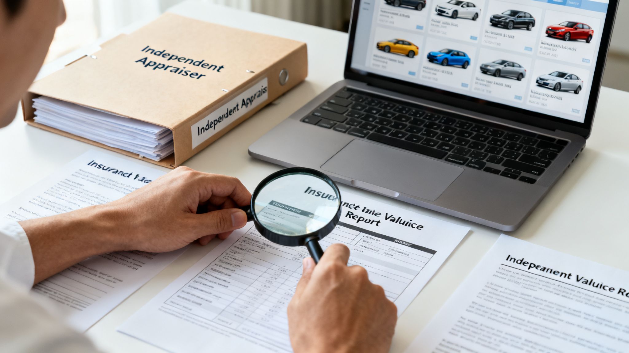 Independent appraiser reviews insurance documents with a magnifying glass, next to a laptop displaying car listings.