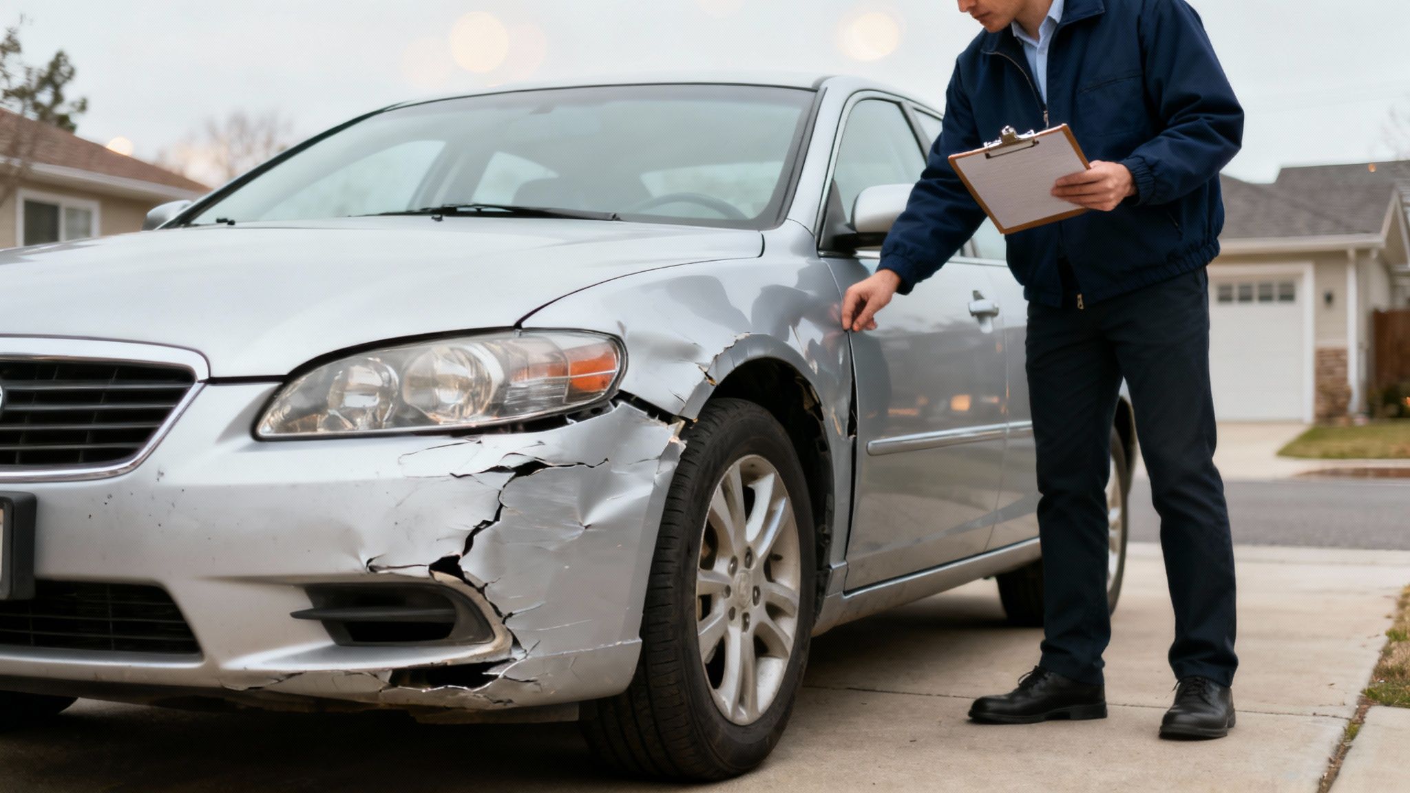 An insurance adjuster in a blue jacket inspecting extensive front-end damage on a silver car.