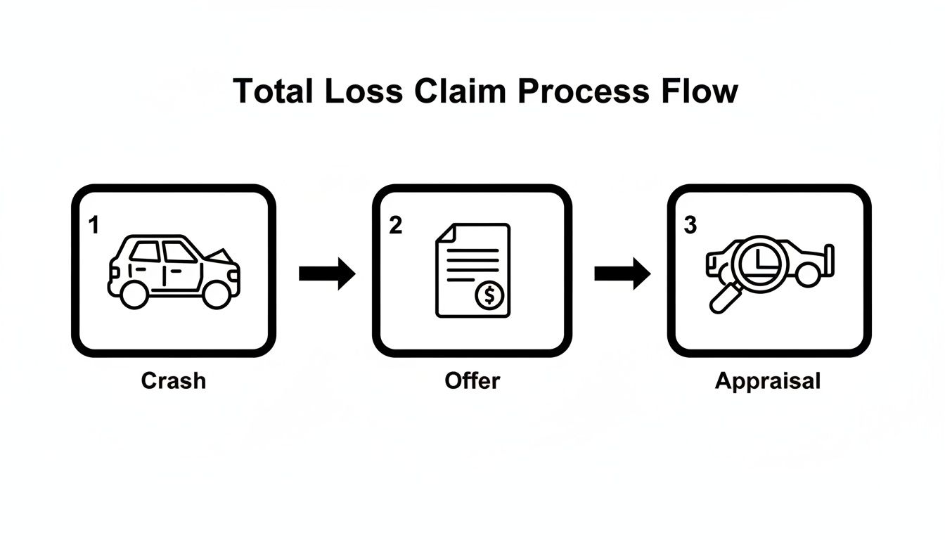 Flowchart illustrating the total loss car claim process: Crash, Offer, and Appraisal steps.