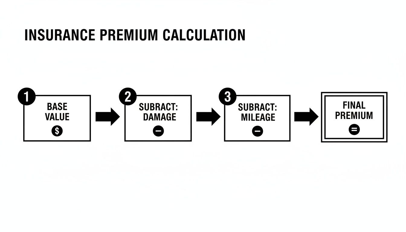 A flowchart illustrates the insurance premium calculation process: Base Value minus Damage minus Mileage equals Final Premium.