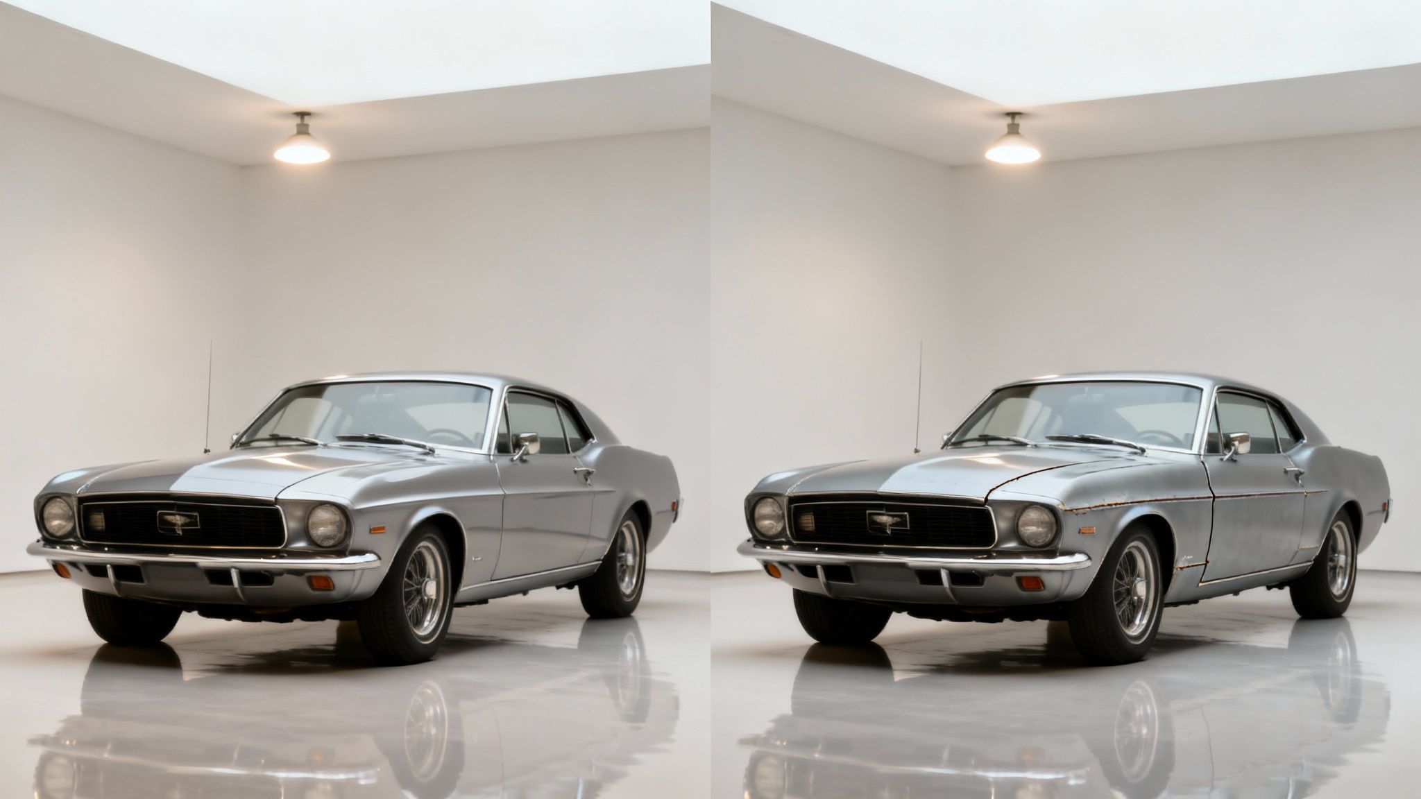 Two silver classic Ford Mustangs side-by-side, one pristine and the other showing rust and dents.
