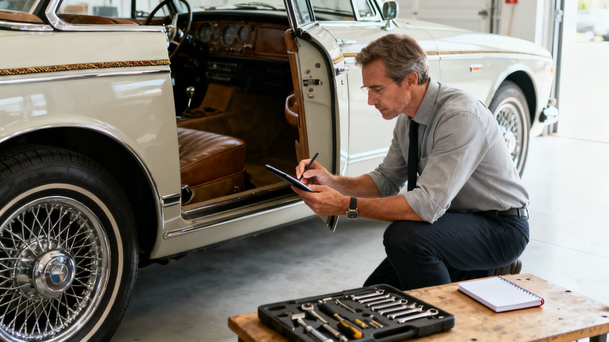 A male classic car appraiser examines a vintage automobile, documenting details on a tablet.