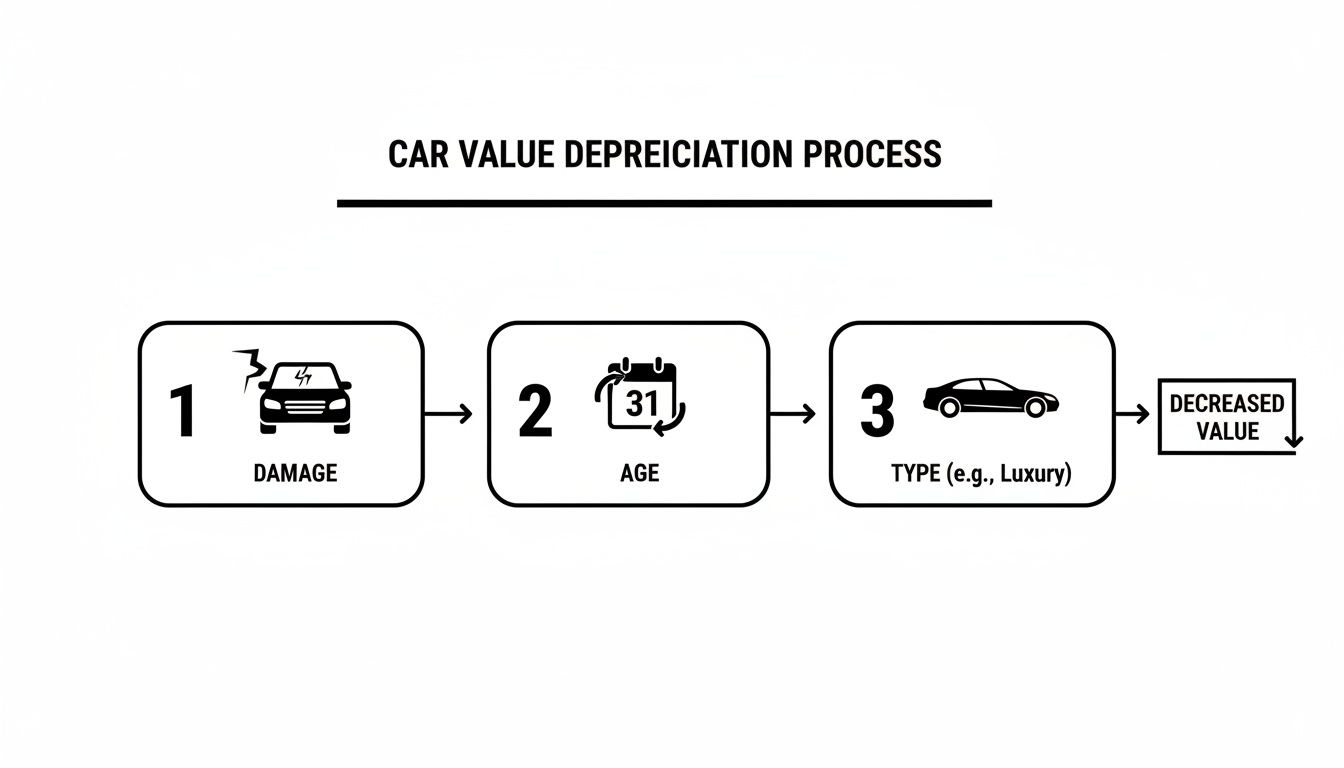 Visual representation of the car value depreciation process, influenced by damage, age, and vehicle type.