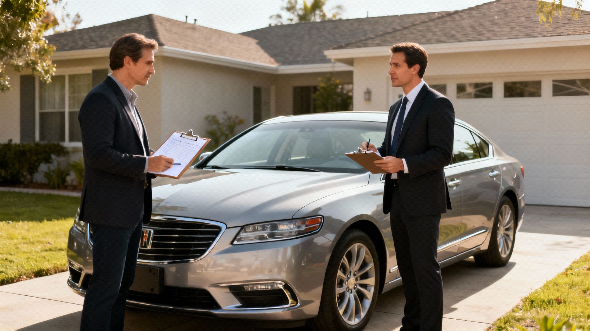 Two men inspect a silver car on a driveway with clipboards, possibly an appraisal.
