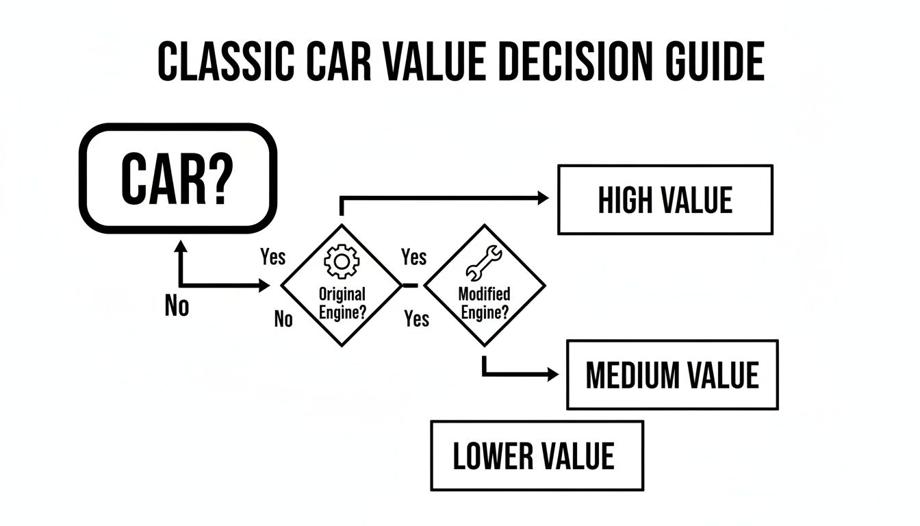 Flowchart detailing a classic car value decision guide based on engine originality and modifications.