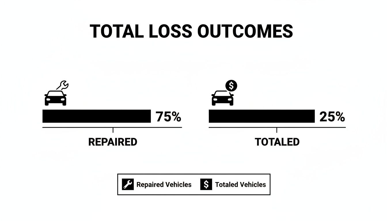 Infographic displaying total loss outcomes: 75% of vehicles are repaired, while 25% are totaled.