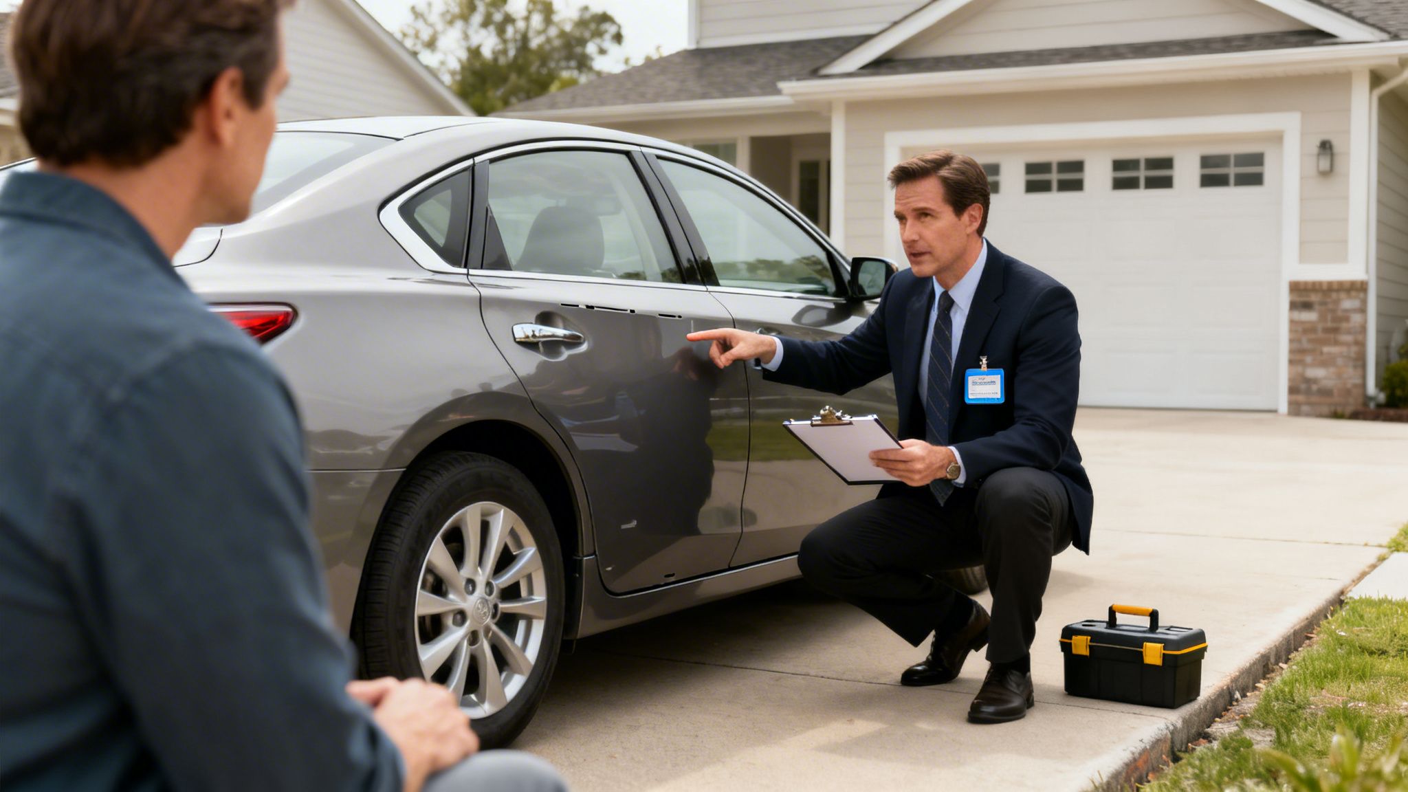 An insurance appraiser in a suit points at a car door, explaining damage to a client.