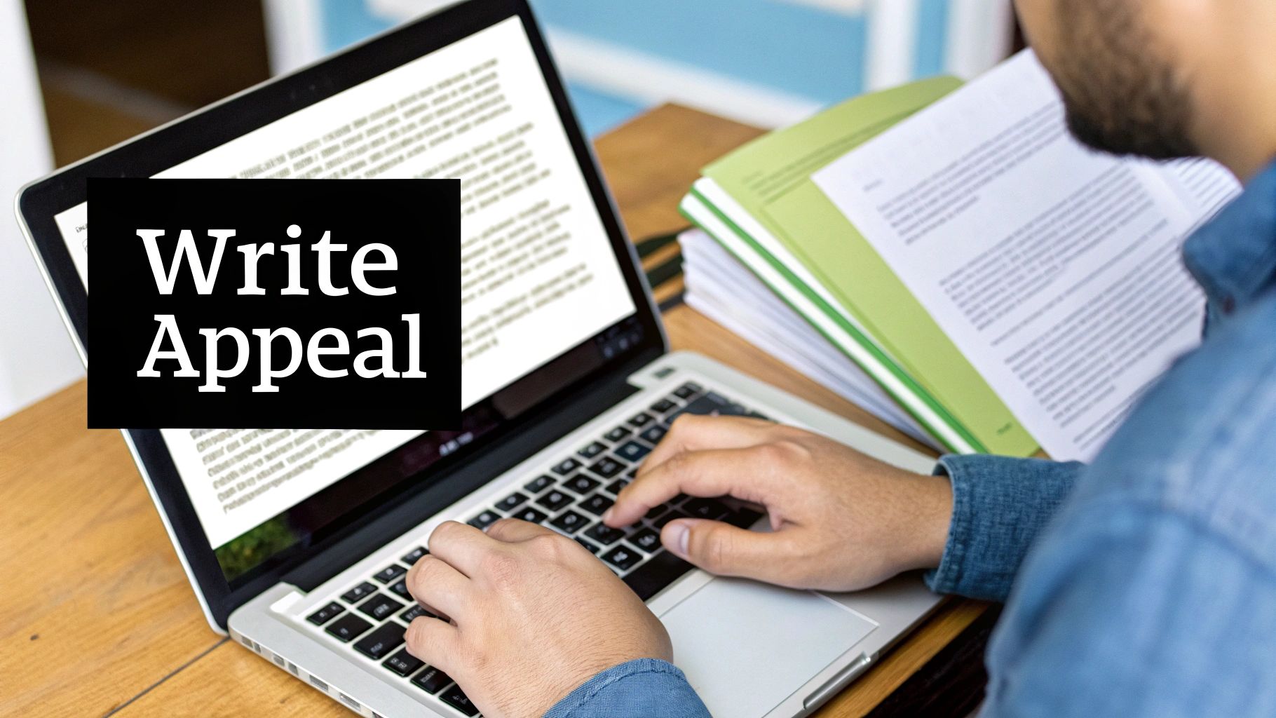 A person using a magnifying glass to inspect an insurance denial letter on a desk.