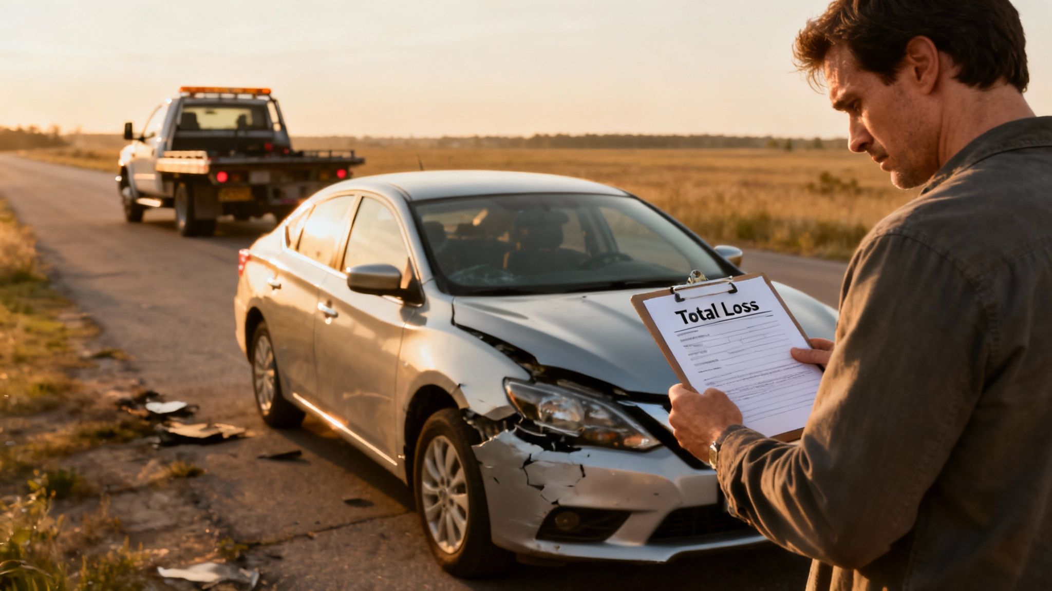 A mechanic inspecting the severe front-end damage of a wrecked car in a repair shop.