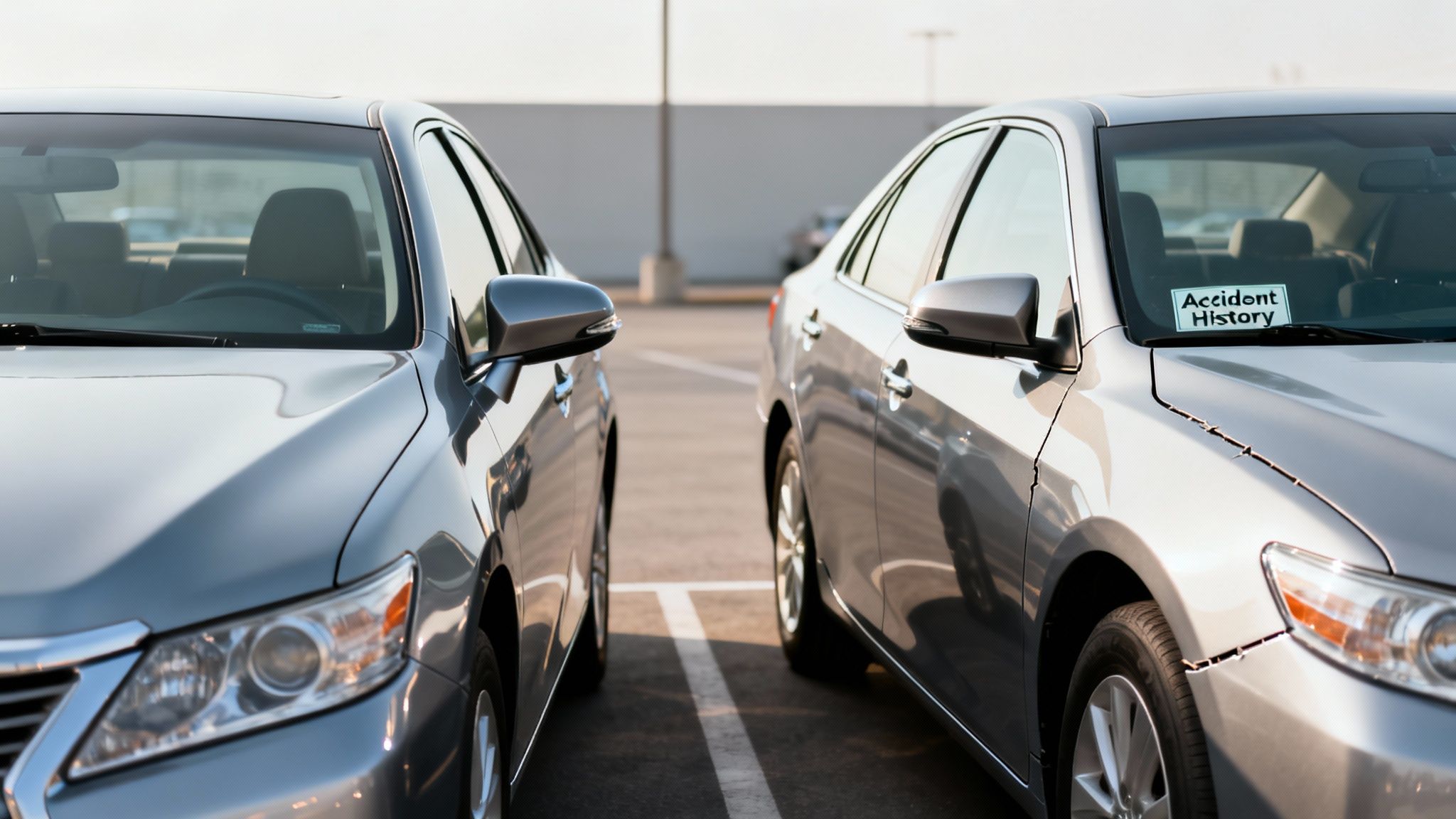 Two silver cars parked side-by-side, one displaying an “Accident History” sign and visible damage.