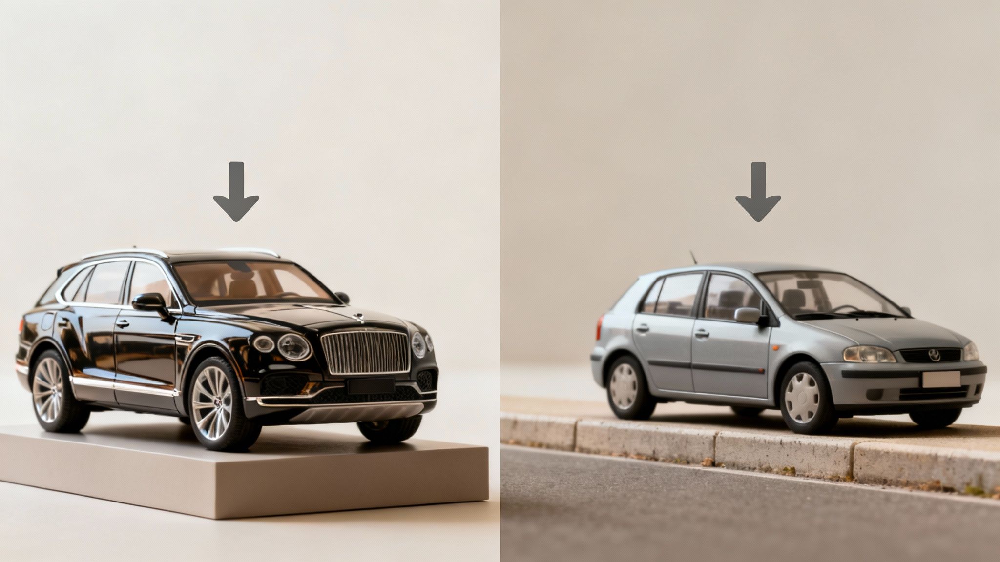 Two toy cars side by side, a luxurious black SUV and a modest silver hatchback.