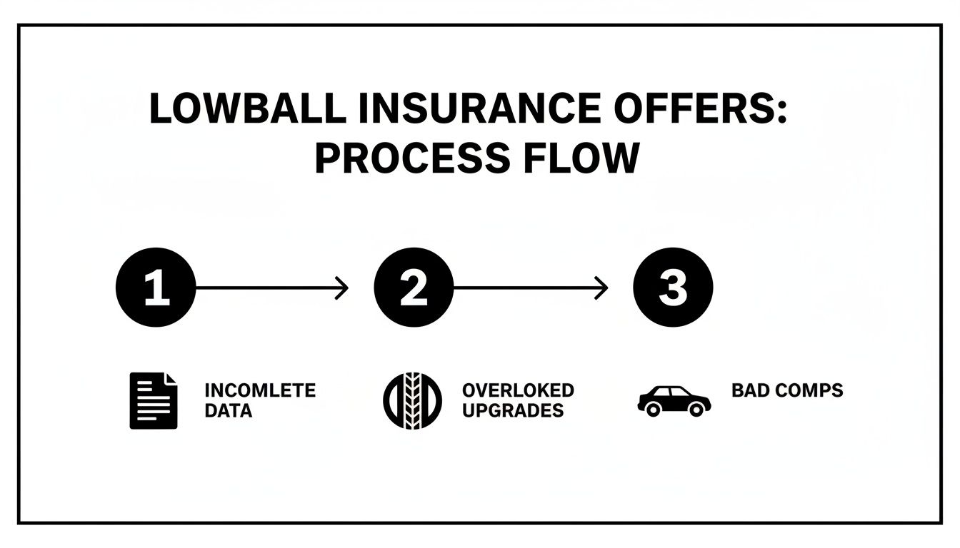 A process flow diagram showing three reasons for lowball insurance offers: incomplete data, overlooked upgrades, and bad comps.