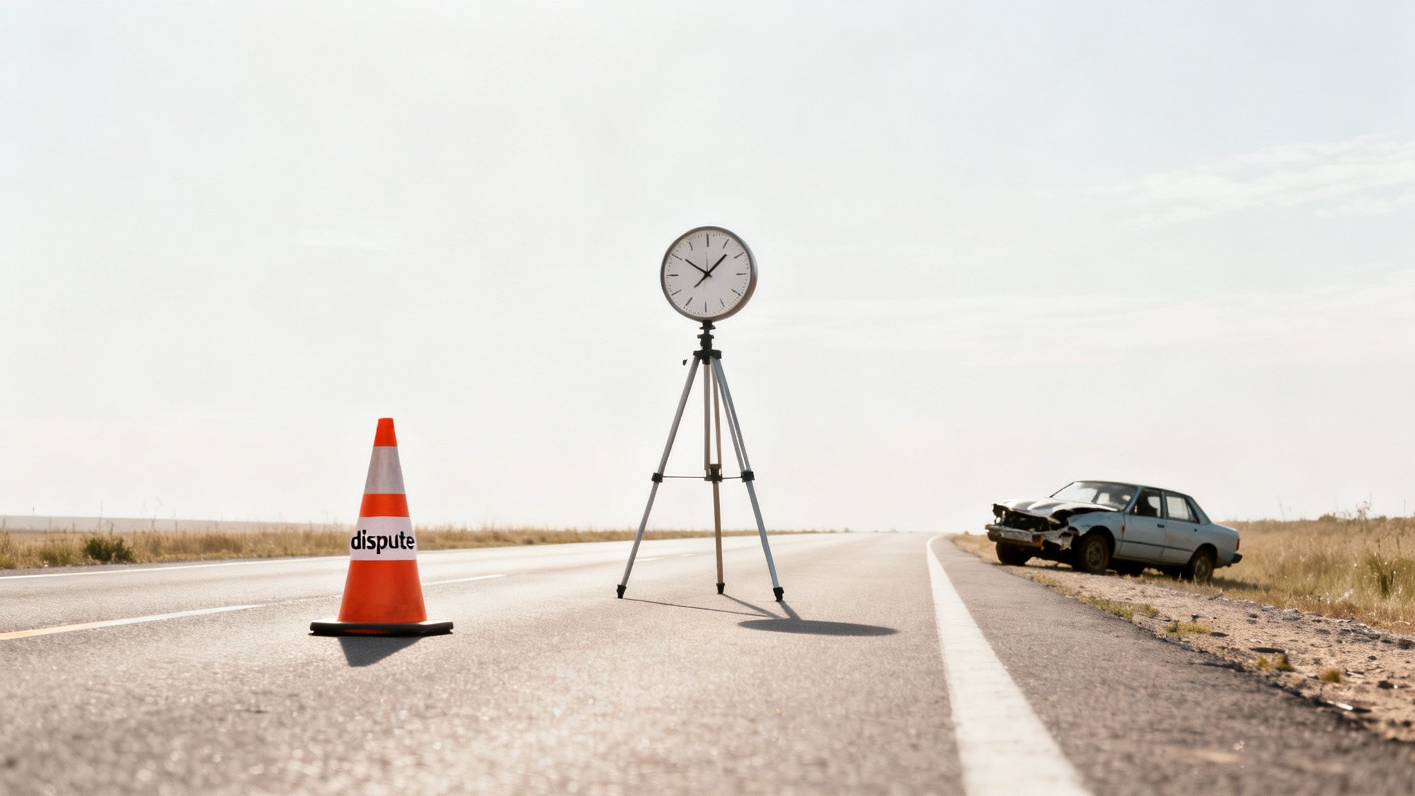 A dispute cone, a clock on a tripod, and a crashed car on a roadside.