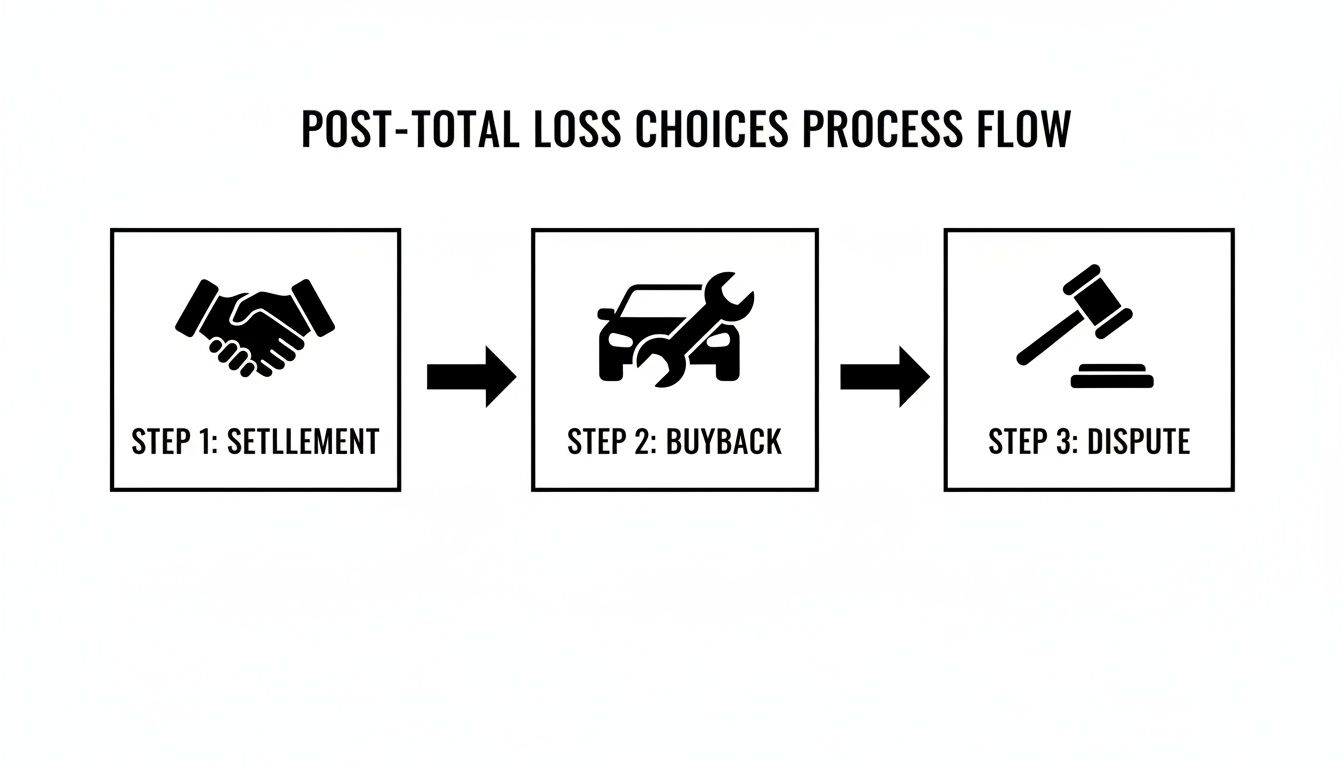 A flow chart illustrating post-total loss choices: step 1 settlement, step 2 buyback, and step 3 dispute.
