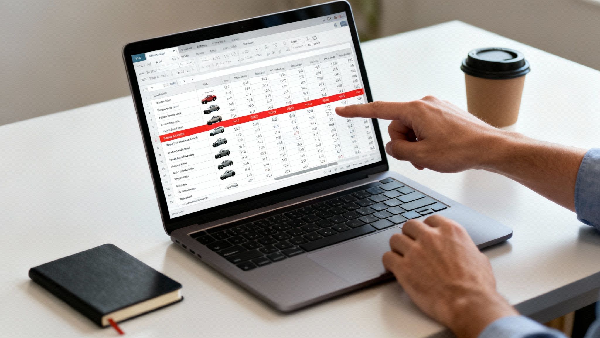 Person's hands interacting with a laptop showing a vehicle data spreadsheet, alongside a notebook and coffee.
