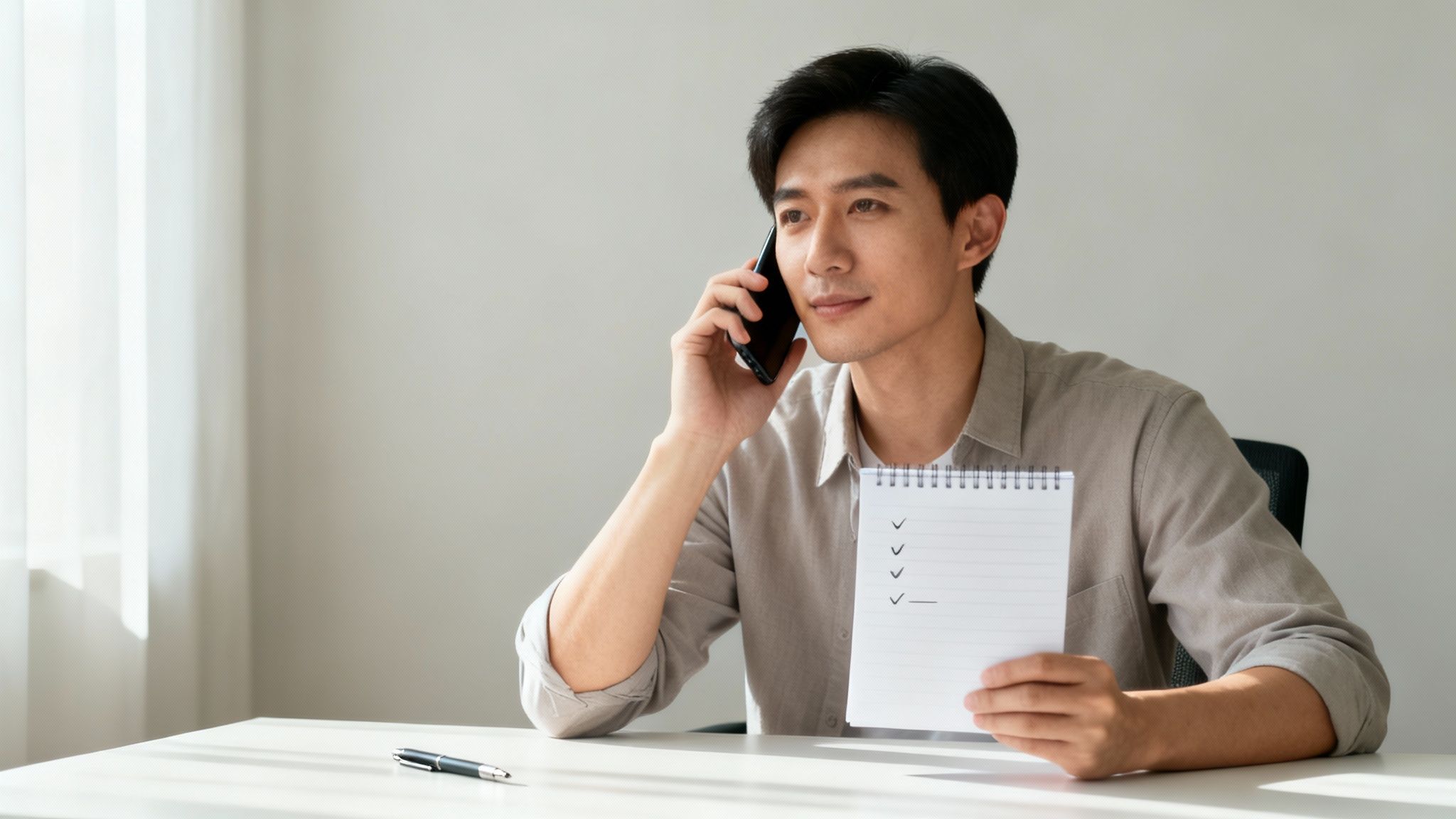An Asian man talks on a smartphone, holding a checklist notepad at a white desk.